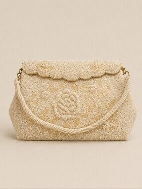 VTG MR. JOHN Cream Floral Scallop Heavily Beaded Cocktail Evening Bag